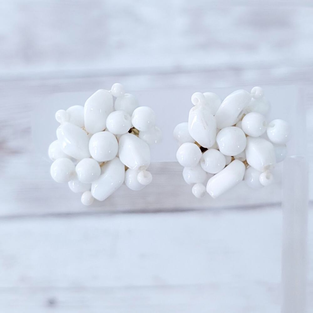 Vintage Clip On Earrings Unusual White Cluster Retro Statement